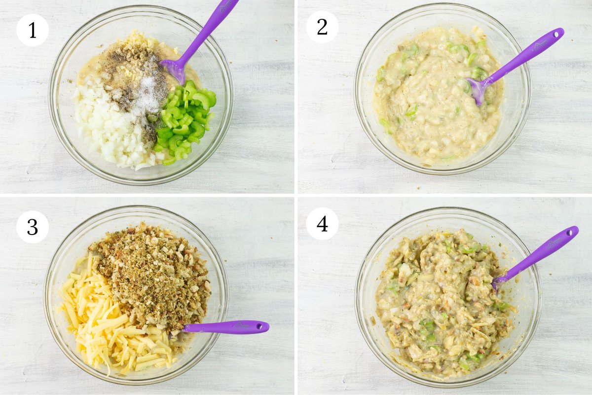 4 step images of mixing the casserole base sauce in a bowl.
