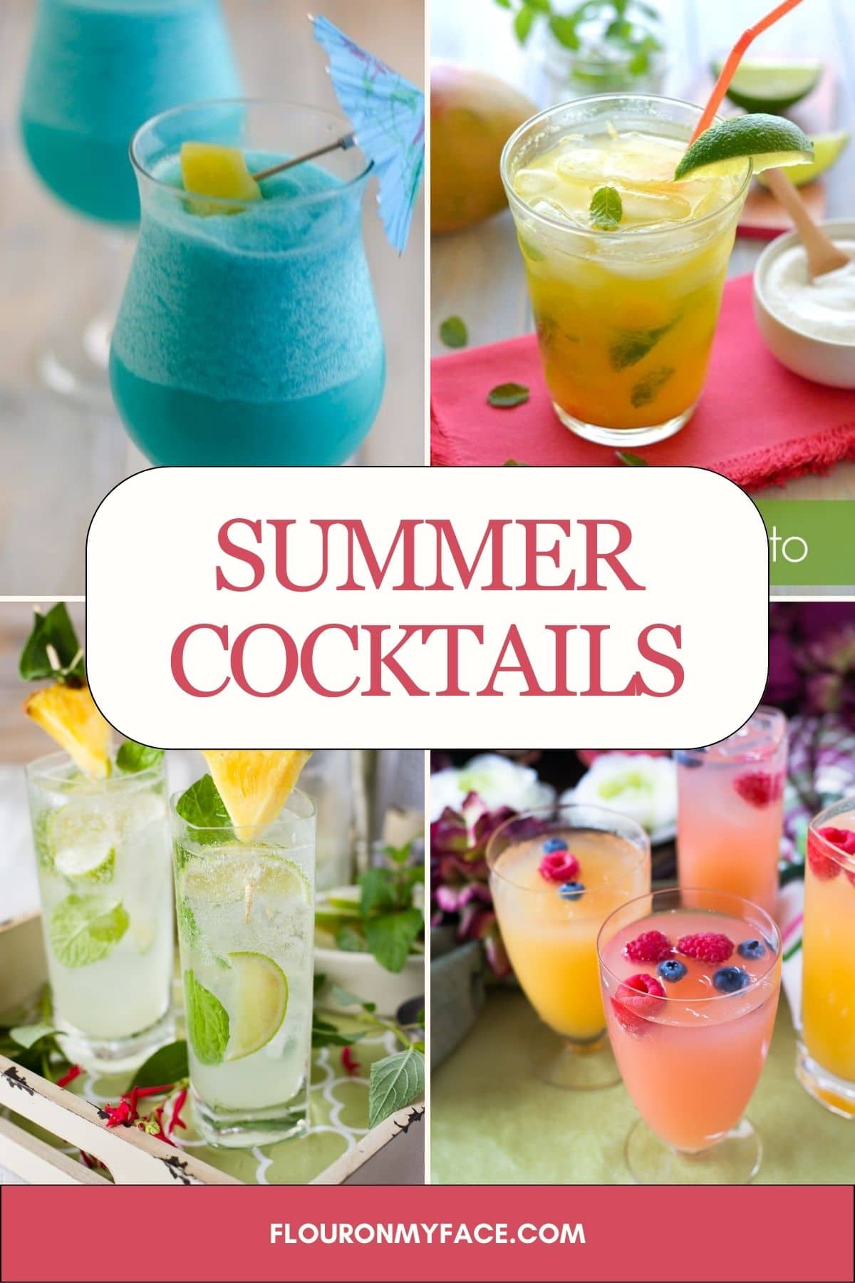 Collage image of summer cocktails recipes.