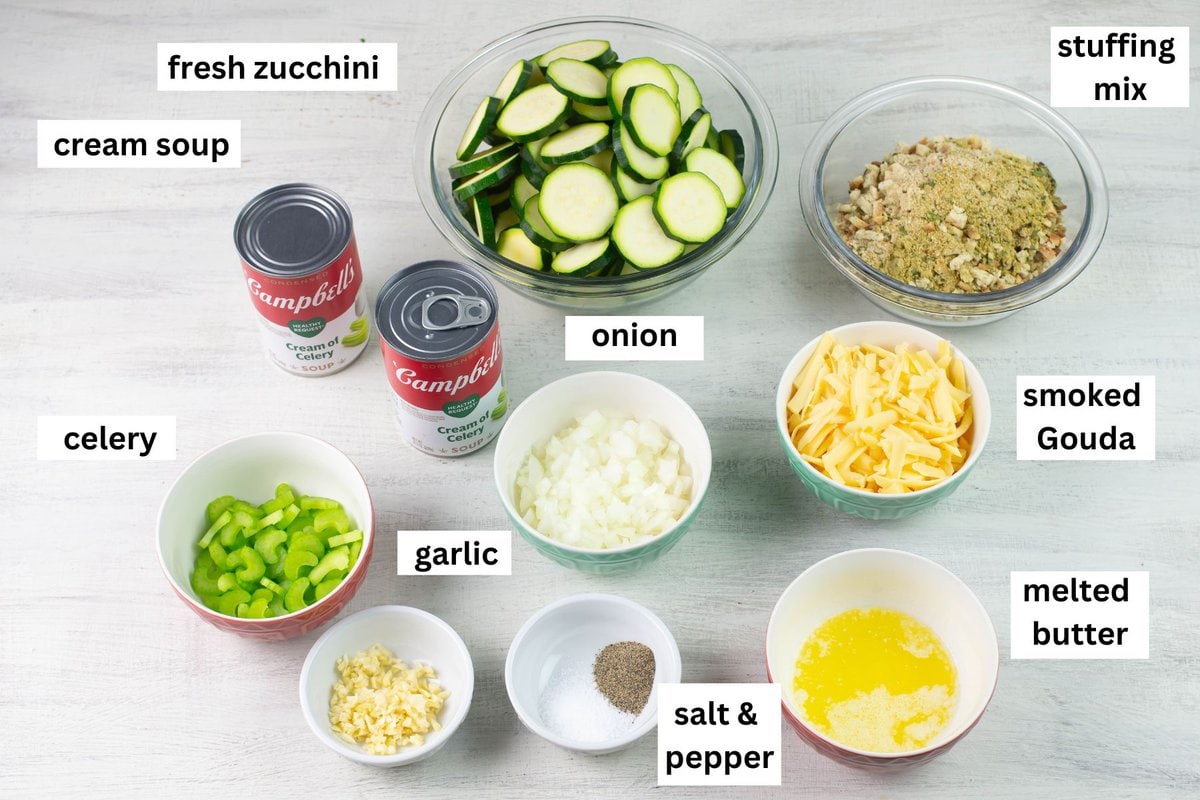 Zucchini Casserole ingredients premeasured in bowls.