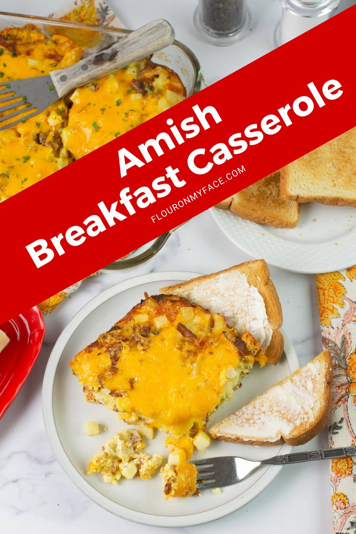 Verticle image of a serving of amish breakfast casserole with the casserole dish in the background.
