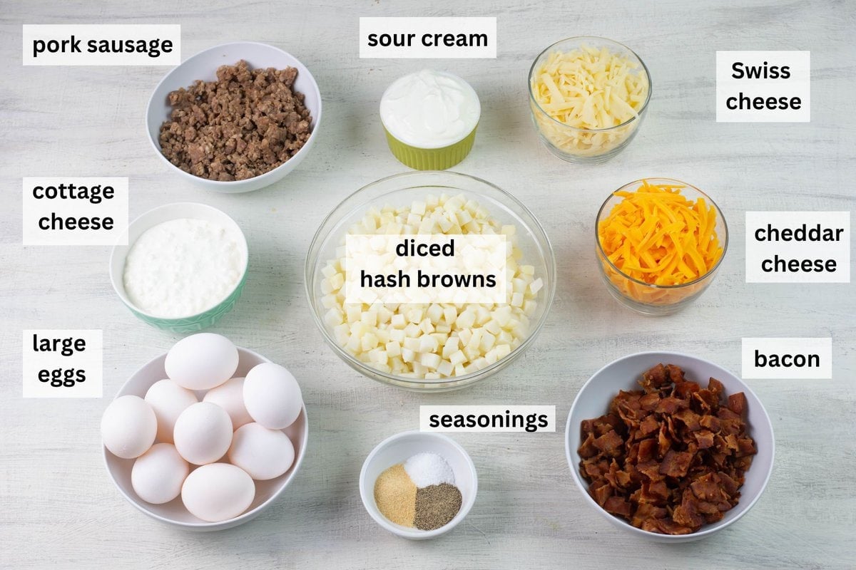 Ingredients in bowls to make Breakfast Casserole.
