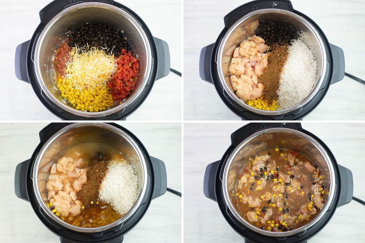 Combining the chicken and rice ingredients in the Instant Pot.
