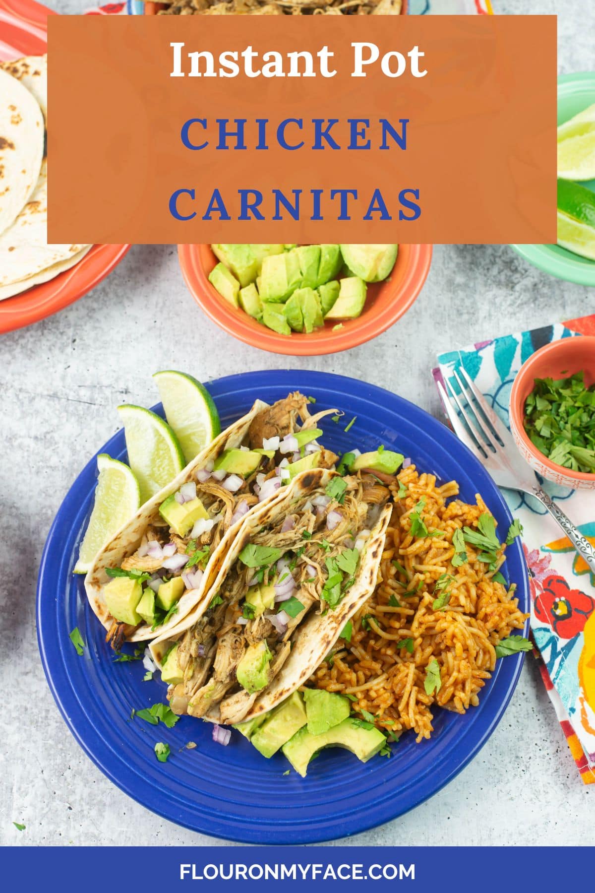 Vertical image of carnitas garnished with avocado and diced onion on a plate.