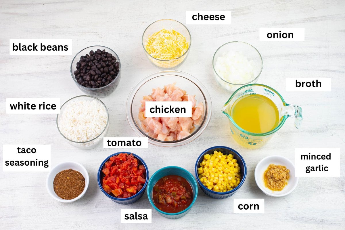 Ingredients to make Mexican chicken and rice premeasured.