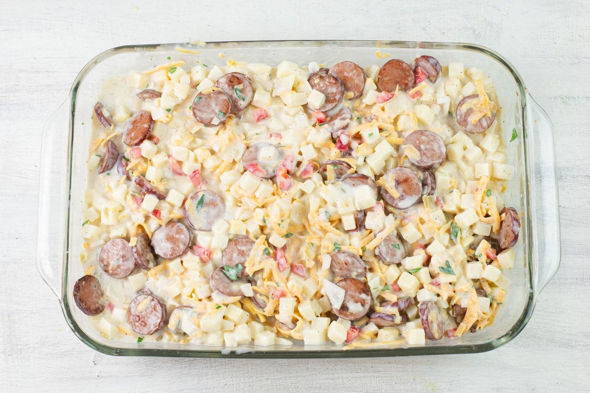 The casserole filling mixed together in the baking pan.