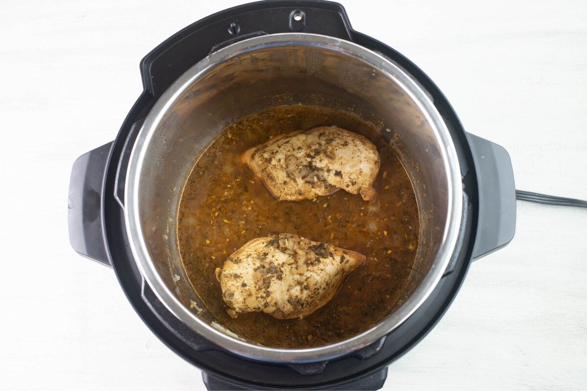 Cooked and seasoned chicken before shredding in the Instant Pot.