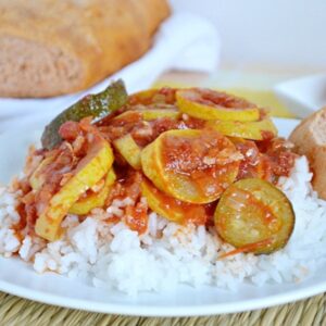 Tomato Vegetable Medley served over a bed of white rice.