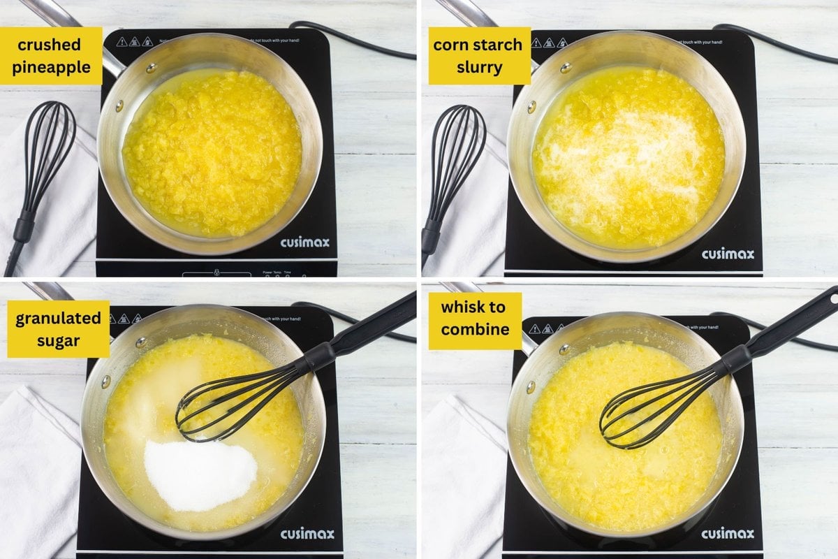 Four step by step images of combining the ingredients in a saucepan on a burner.