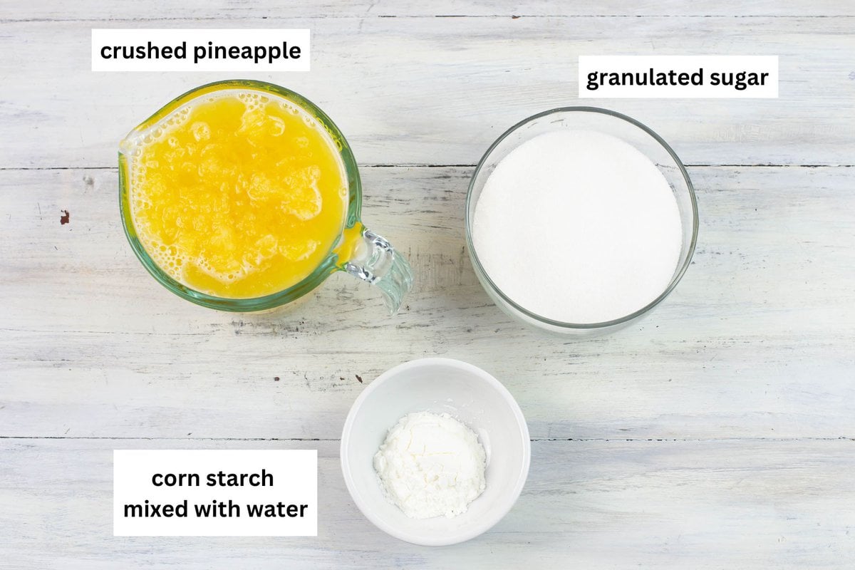 Crushed pineapple, white sugar, and corn starch premeasured ingredients for pineapple topping.