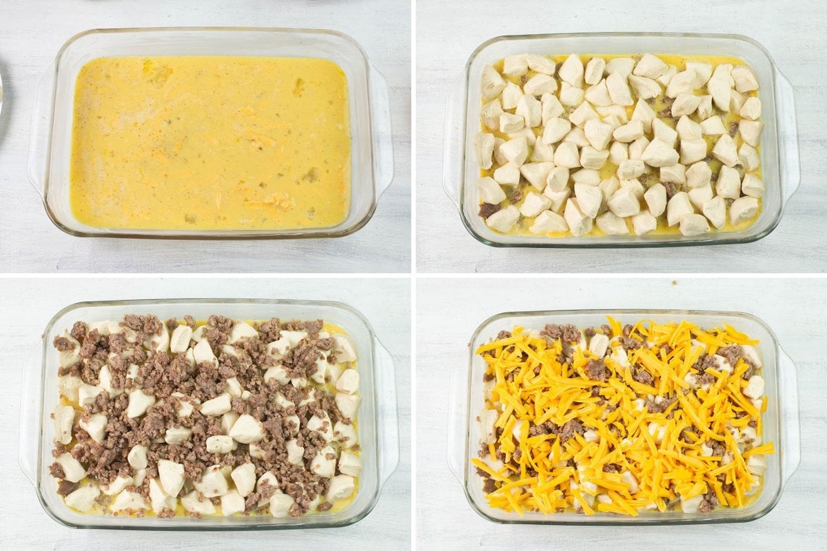 Each layer of eggs, biscuits, sausage and cheese in the baking dish.