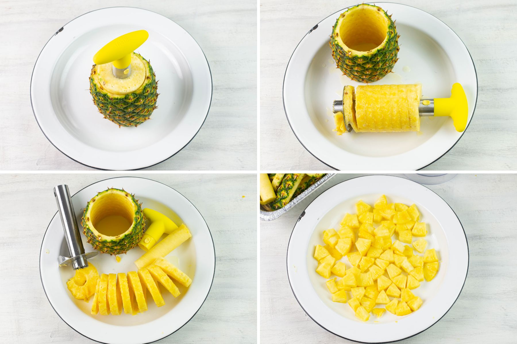 Collage image of the four steps to core a whole pineapple.