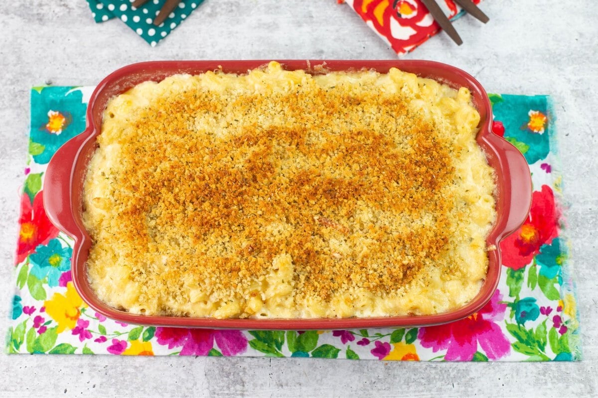 Bread crumbs baked until golden brown on macaroni and cheese.