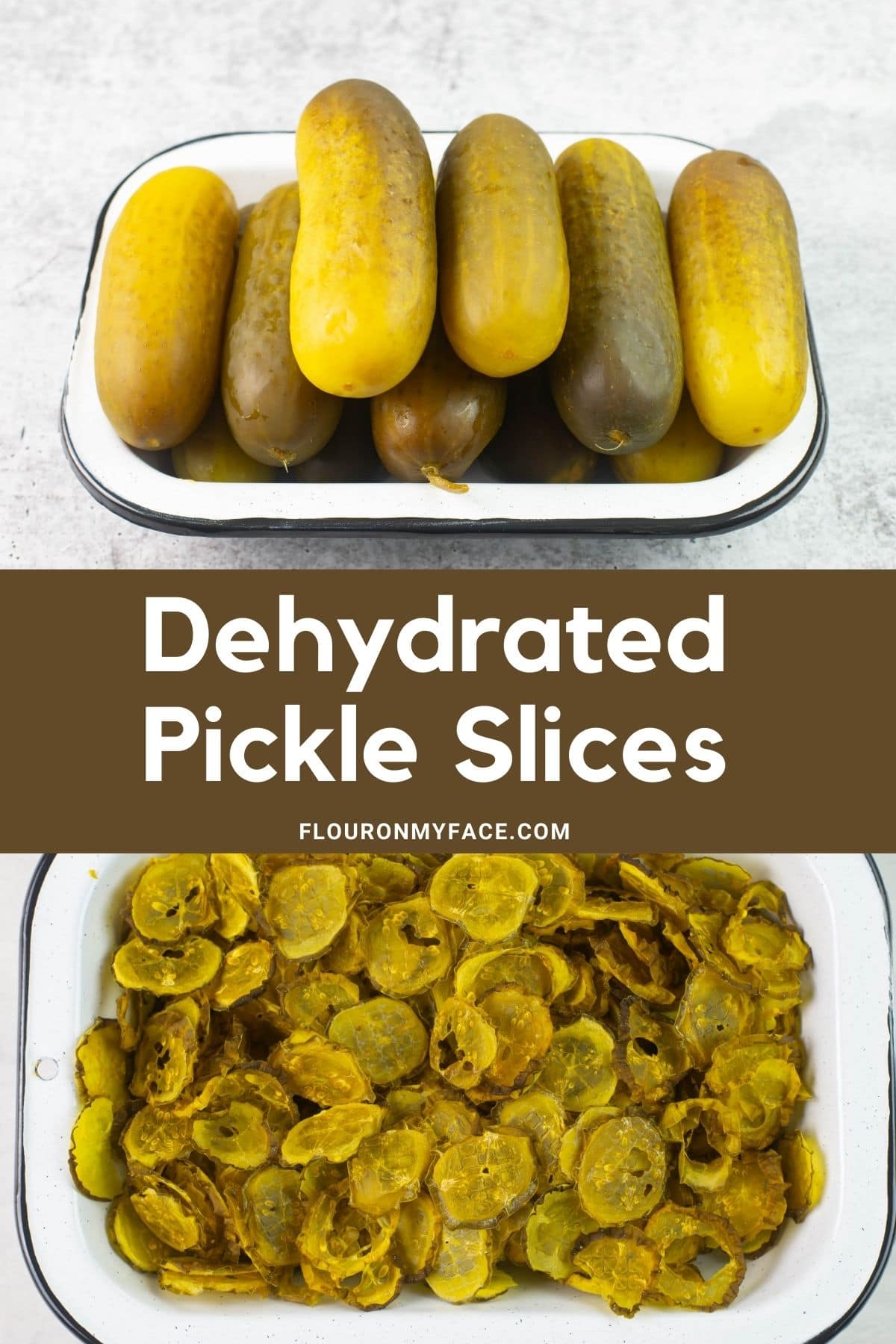 Long verticle image of whole pickles and dehydrated sliced pickles.