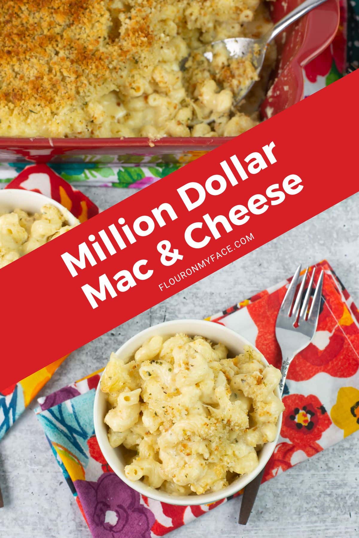 Large vertical image of Million Dollar Mac and Cheese served in a small bowl.