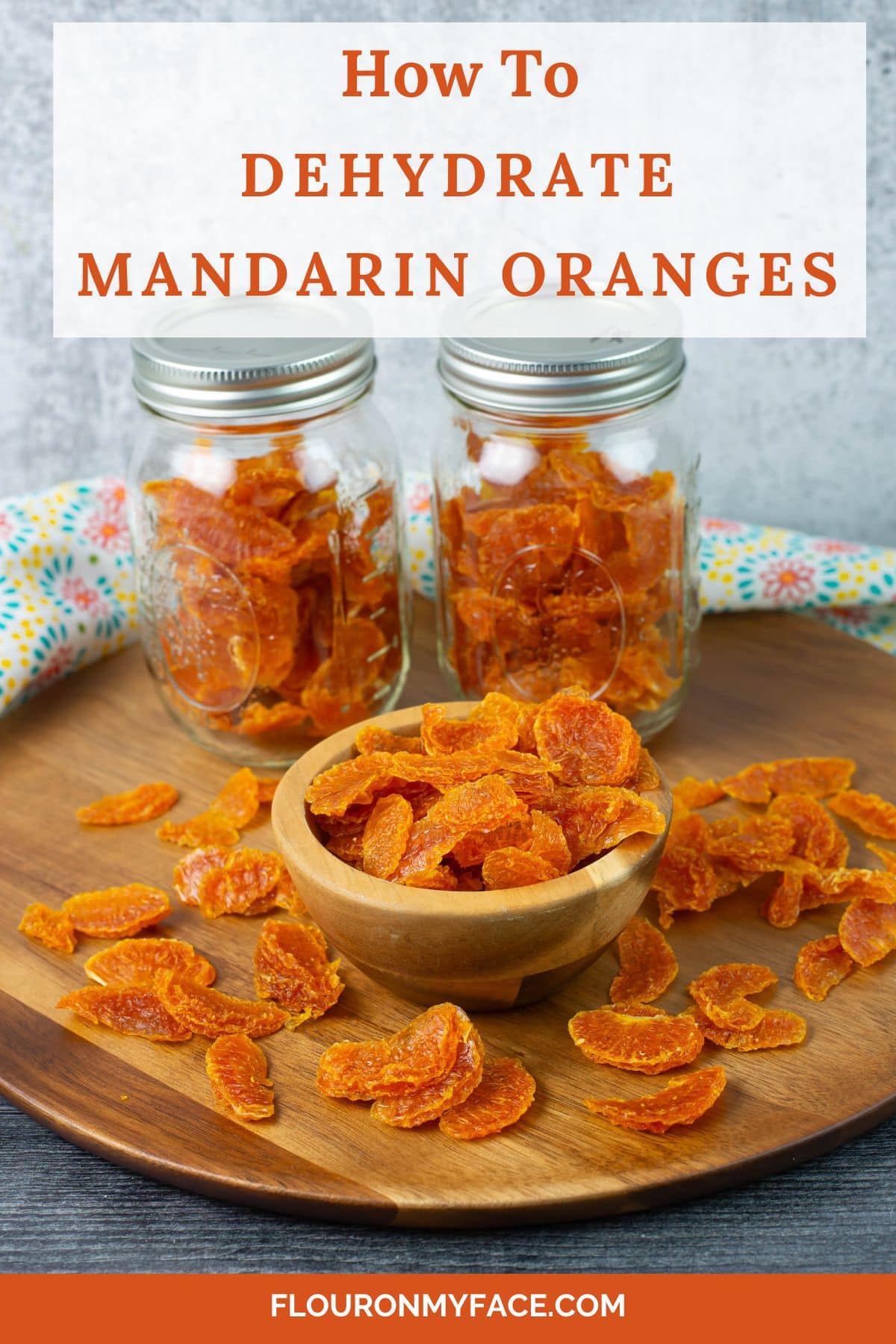 Long vertical image of dehydrated mandarin orange slices.