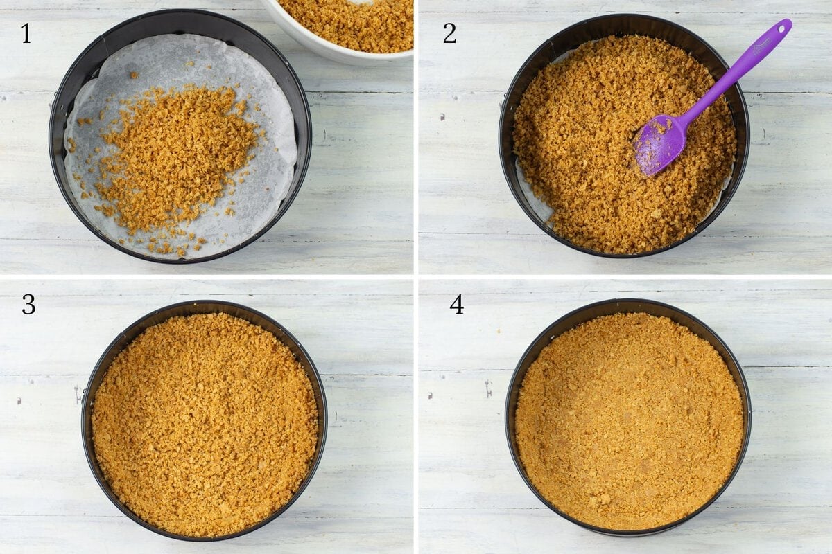 4 images showing the steps to fill the pan with the crust.