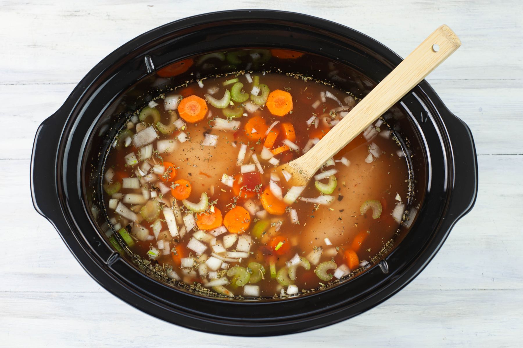 Crock Pot soup ingredients before slow cooking.