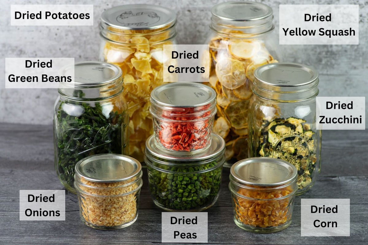 Dehydrated vegetables for dry soup mix in mason jars.