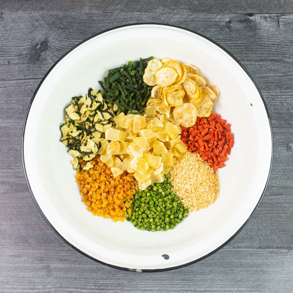 Dehydrated vegetables for soup in a large bowl.