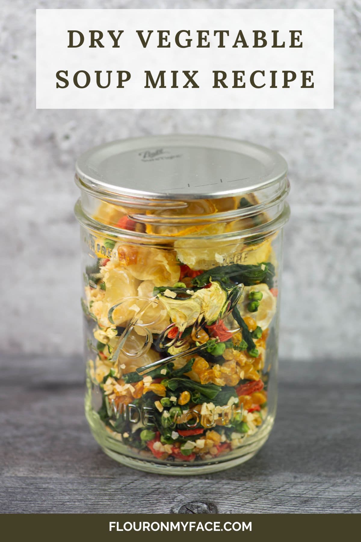 Mason jar filled with a blend of dried vegetables for soup.