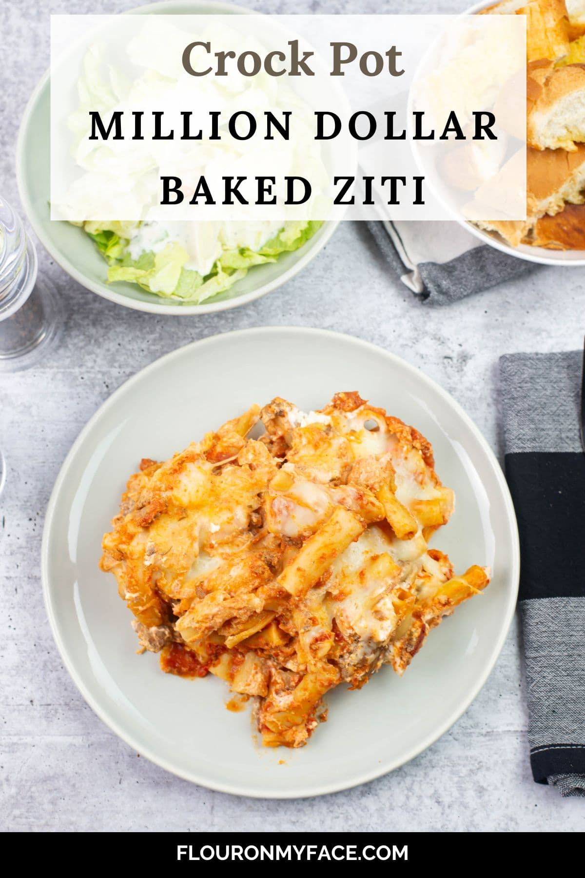 Long vertical image of a serving of million dollar ziti.