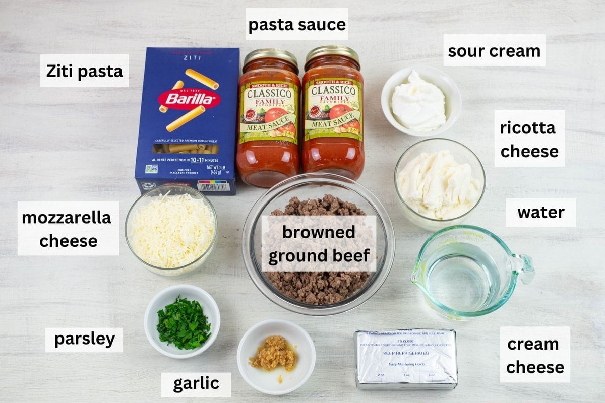 Million Dollar Baked Ziti ingredients in bowls.