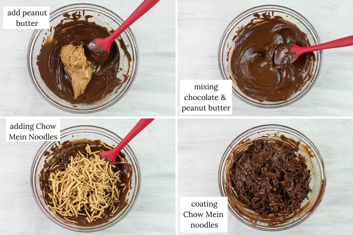 4 Step by step images of adding the peanut butter and Chow Mein noodles.