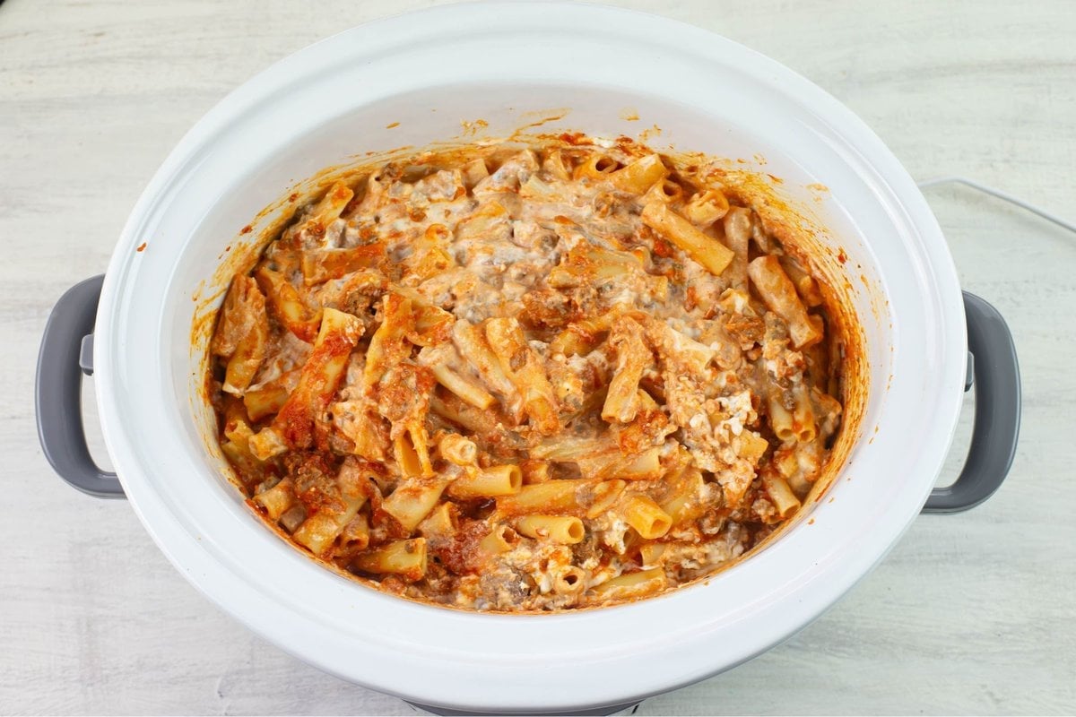 Cooked ziti in a slow cooker.