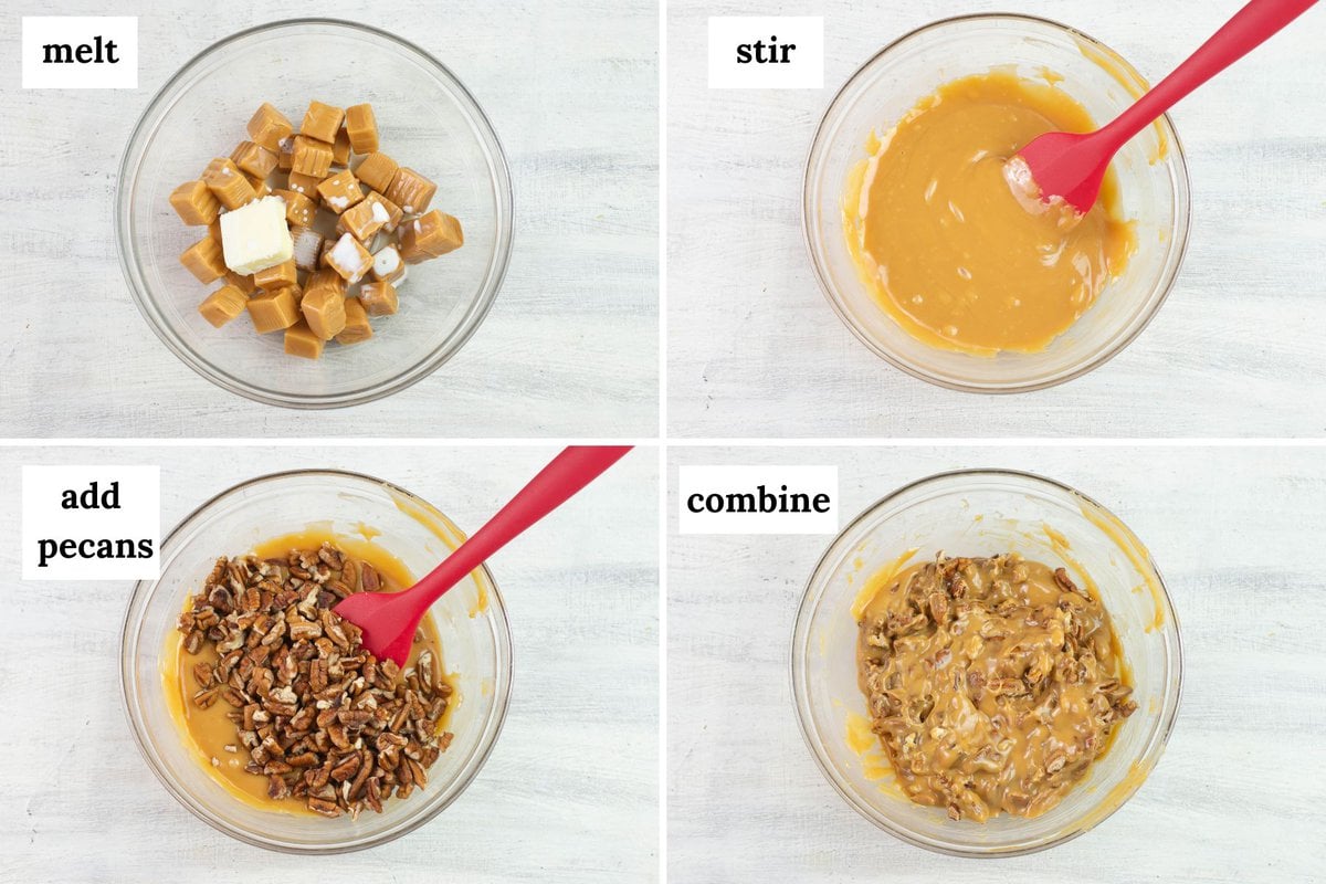 Step by step photos of melting the caramel, adding the nuts and mixing.