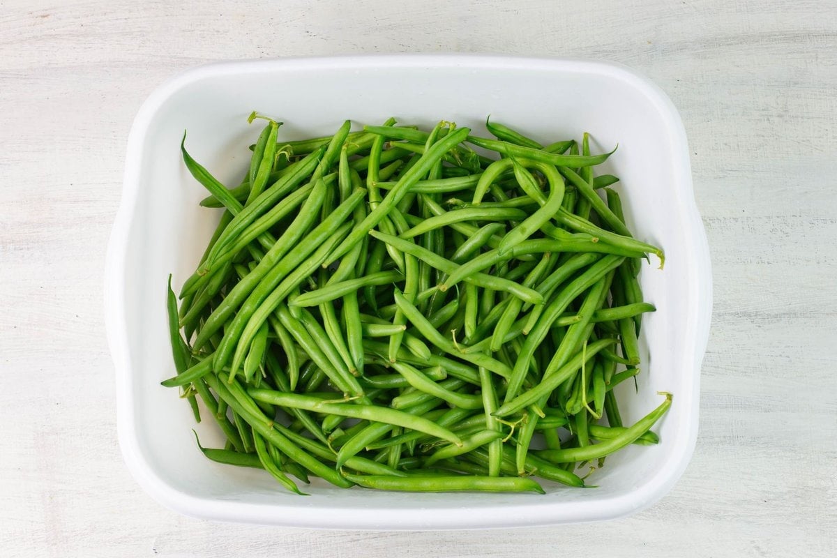 Washed fresh green beans in a plastic white sink tub.