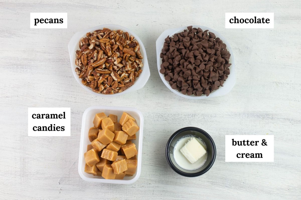 Premeasured candy ingredients in individual bowls.