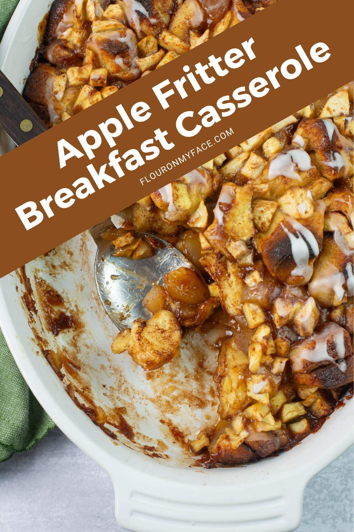 Large image of apple breakfast casserole in the dish with serving removed.