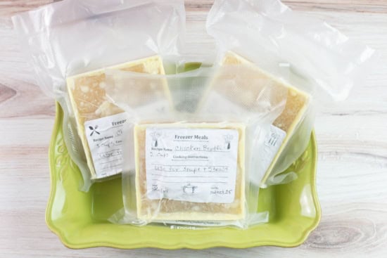2 cup servings of frozen chicken broth that has been vacuum sealed.