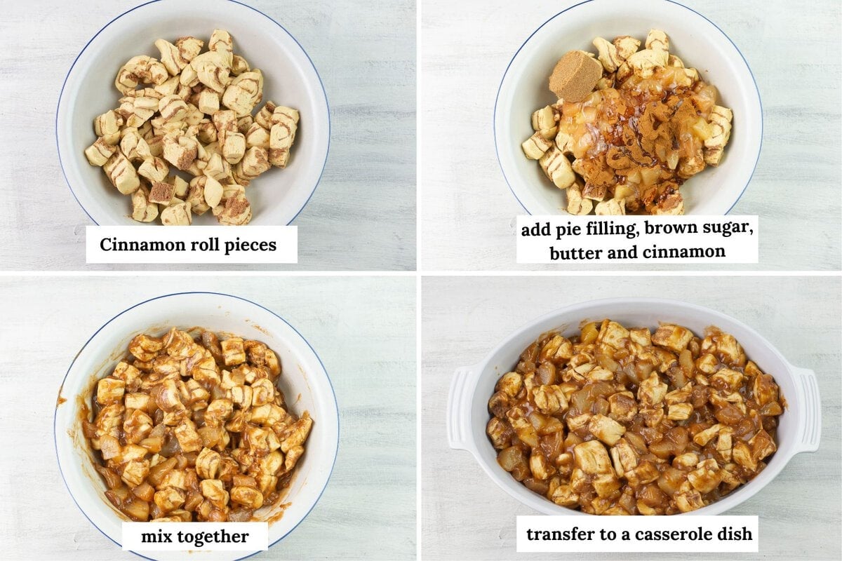 Four step by step photos showing how to mix apple fritter casserole ingredients.