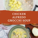 Vertical Pinterest image Gnocchi Soup recipe with a pot and bowl of soup.