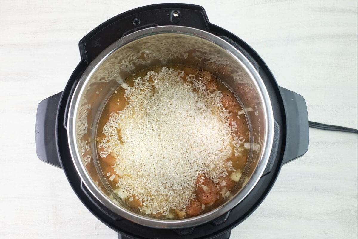 Uncooked ingredients added to the Instant Pot inner pot.