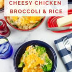 Large vertical image with a serving of chicken broccoli and rice casserole.