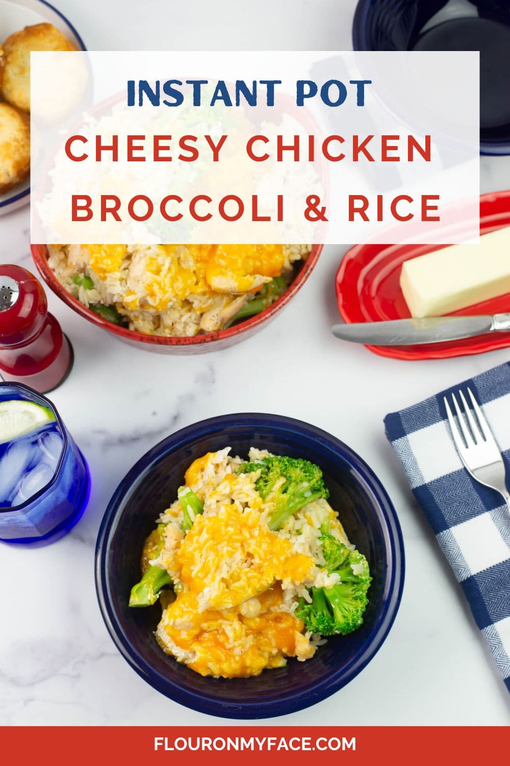 Large vertical image with a serving of chicken broccoli and rice casserole.