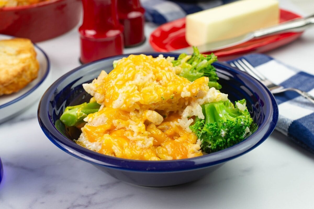 Closeup of a serving in a blue bowl.