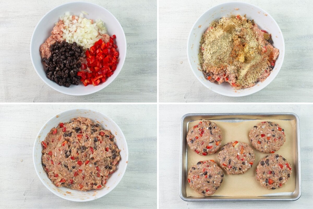 4 images showing the steps to make chicken burger patties.