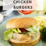 Long Pinterest image for moist chicken burgers recipe.