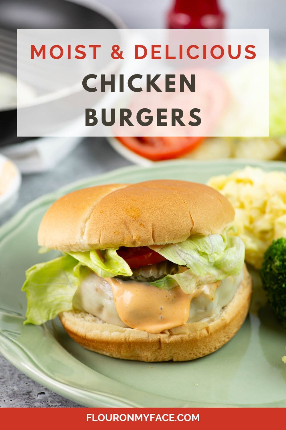 Long Pinterest image for moist chicken burgers recipe.