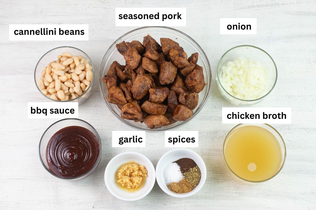 Measured BBQ Pulled Pork Chili ingredients in bowls.