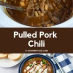 Vertical Pinterest image of slow cooker bbg chili in a bowl.