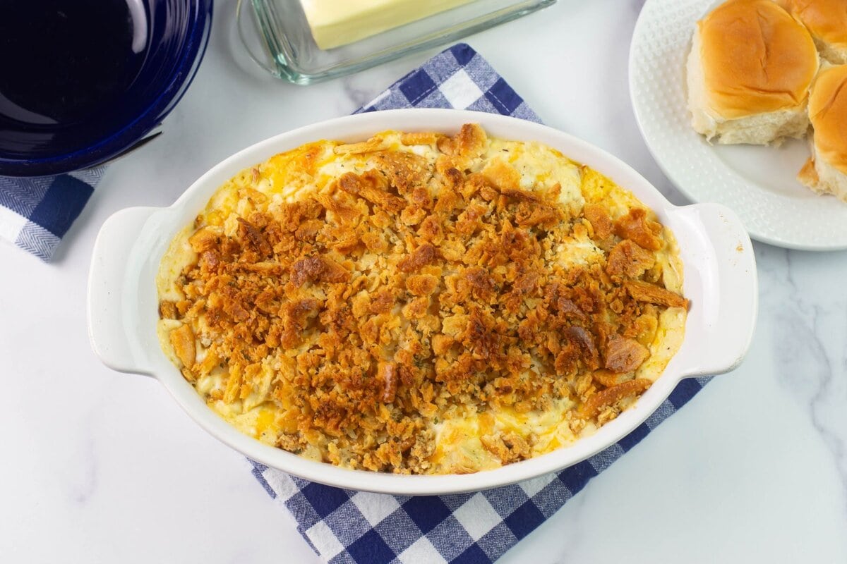 Baked casserole with golden cracker topping.