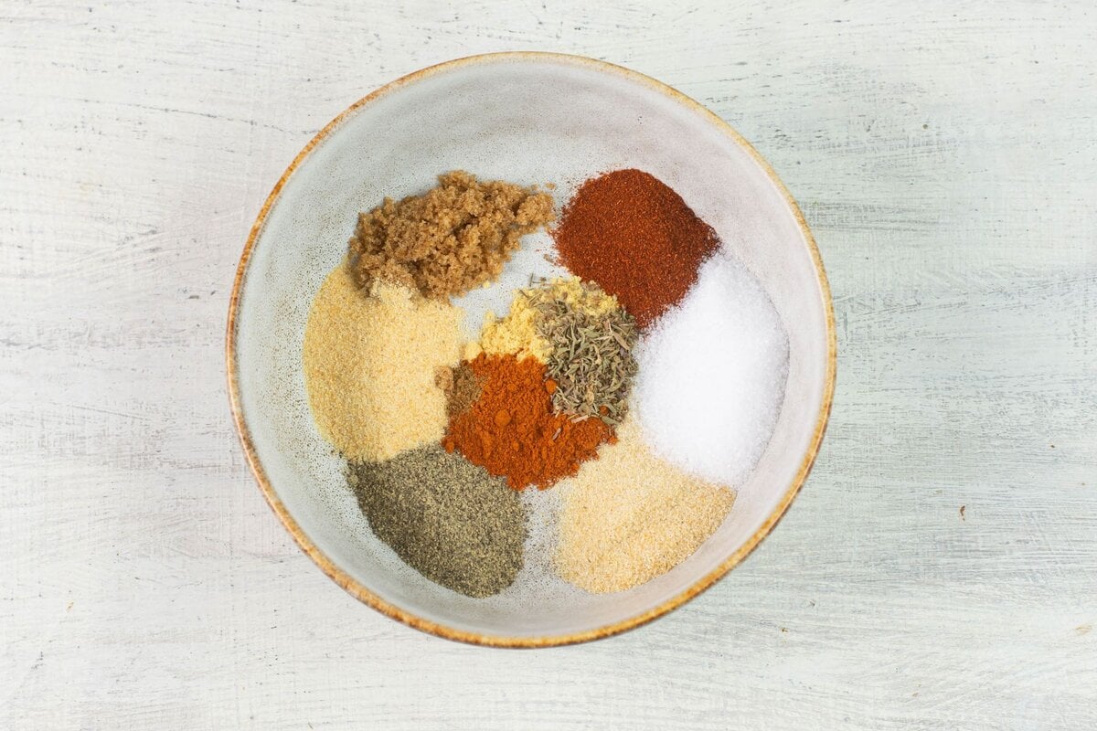 Bowl of dry pork herbs and spices.