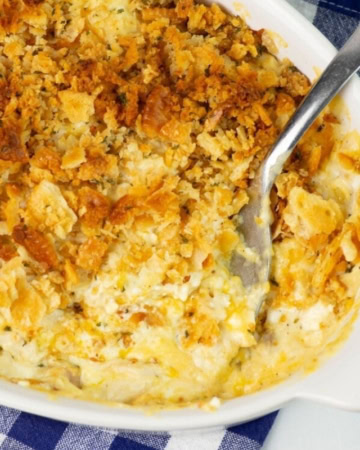 Casserole dish with a scoop served.