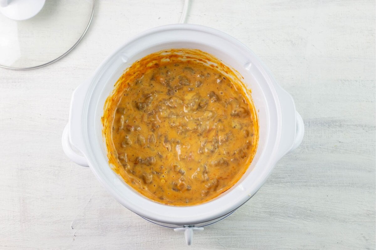 Melty cheese and meat dip cooked in a slow cooker. 