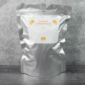 Mylar bag with Dehydrated Potatoes Label.