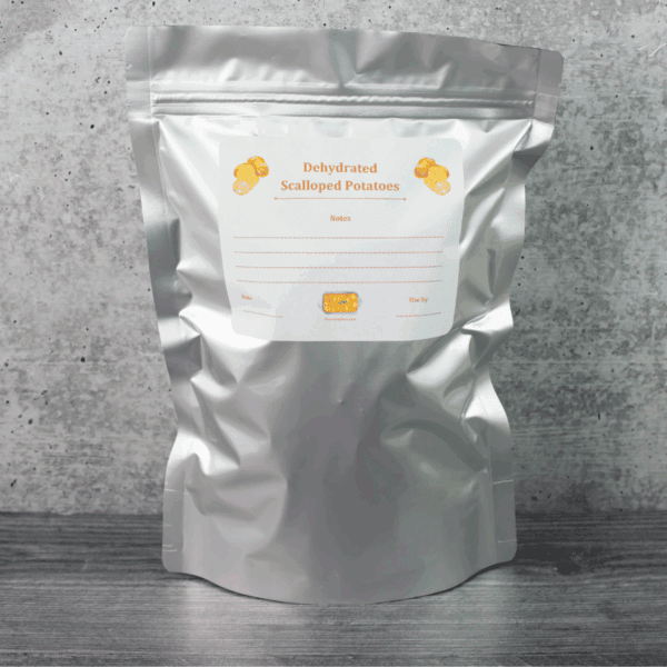 Mylar bag with Dehydrated Potatoes Label.
